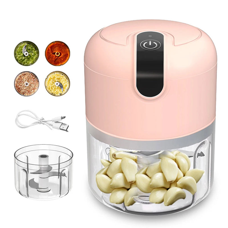 Mini Processador Triturador Elétrico 3 Laminas Moedor Alho Cebola Carne Vegetais Fruta Amendoim Recarregável USB 250ml